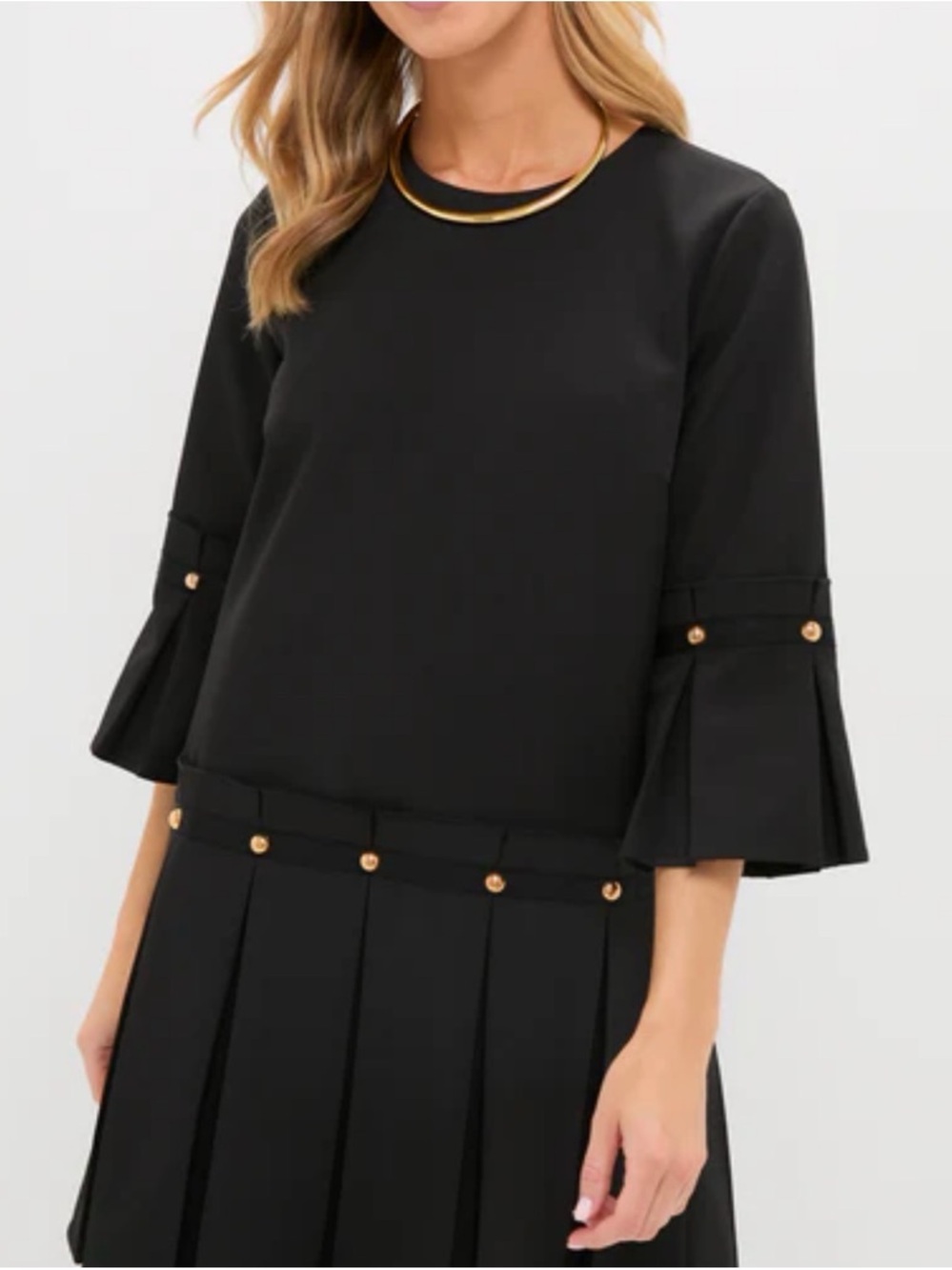 Tuckernuck Black Pleated Mini Dress with Gold-Tone Button Detail - Picture 2 of 13